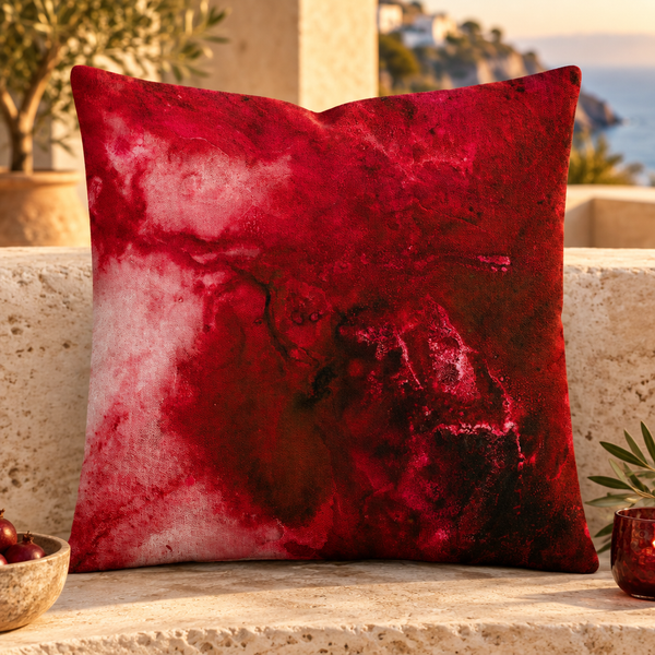 Close-up of the Crimson 22-inch pillow in a pale travertine Mediterranean home at golden hour