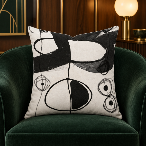 Modern Black and White 2-4a pillow in deep-green Art Deco suite