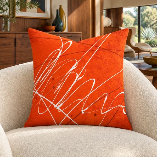 Vermillion 22-inch pillow in walnut mid-century collector room