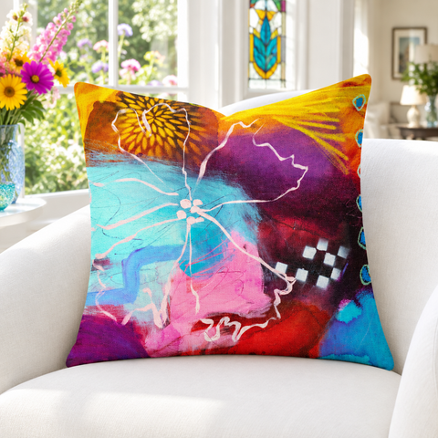 The Secret Garden 3 22-inch pillow close-up in white sunroom with colorful flowers