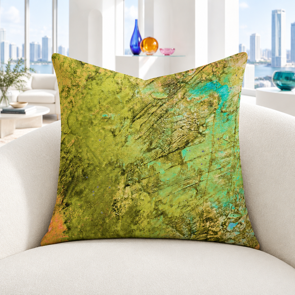 Earthy Colors pillow in white penthouse with colorful glass