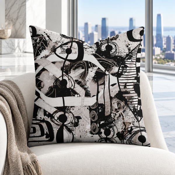 Modern Black White and Taupe 2bc pillow upright in a bright white marble city resort penthouse