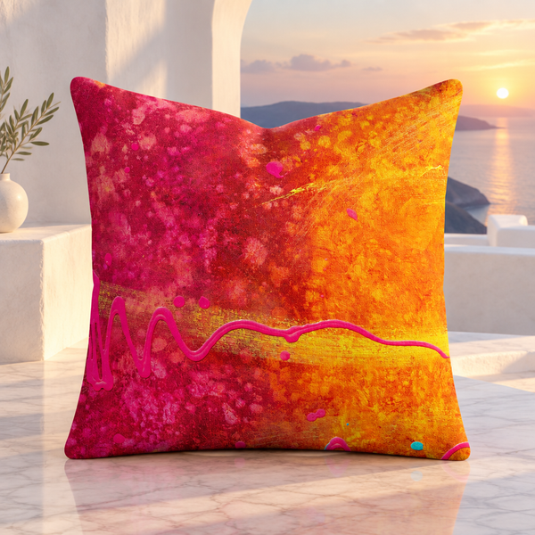 Summertime pink and orange 22-inch pillow in a white marble Santorini villa with a soft Aegean sunset