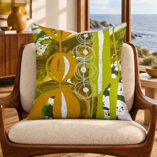 Chartreuse Yellow Ochre URL 3 pillow in walnut mid-century room