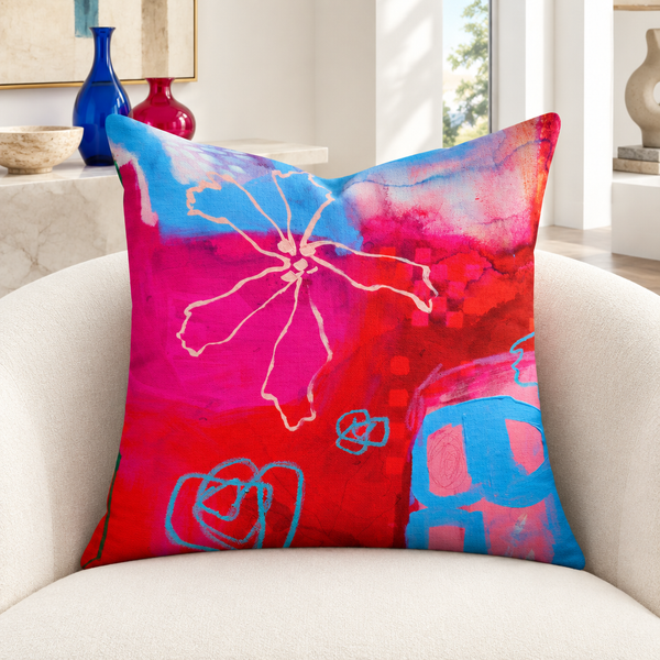 The Secret Garden 22-inch pillow close-up in white room with colorful glass