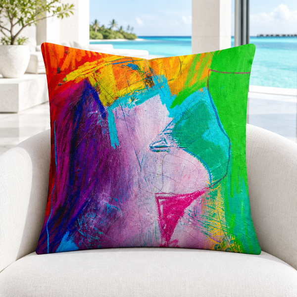 Emotions 3 pillow upright in a white marble Maldives resort lounge