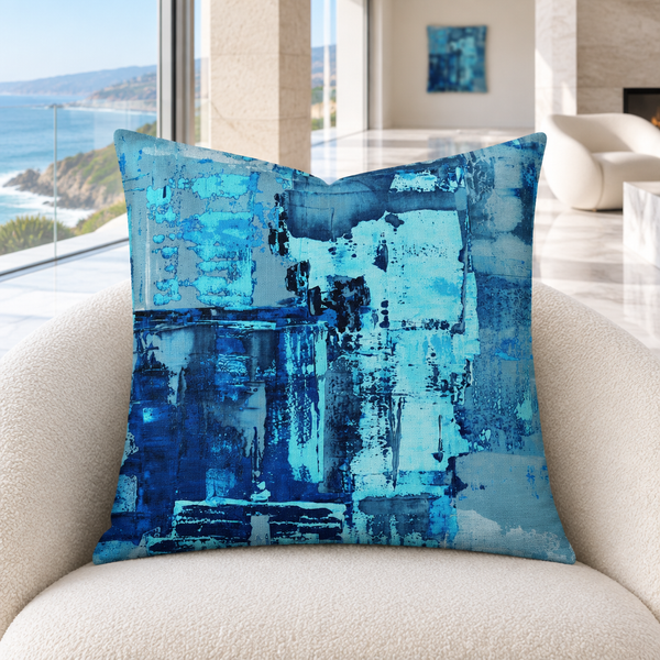 Blue 4 pillow upright in a modern Malibu oceanfront mansion with distant matching art