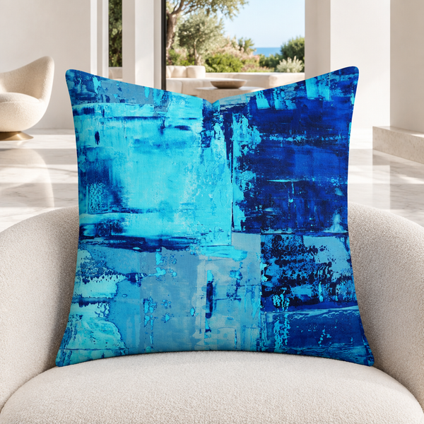 Blue 3 pillow upright in a bright modern Malibu courtyard home