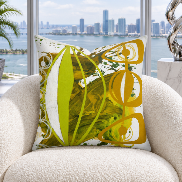 Chartreuse Yellow Ochre 4 pillow in white Miami marble penthouse