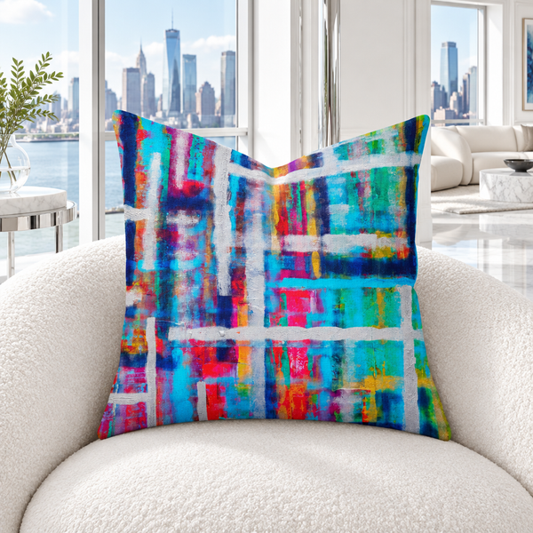 Colors of Happiness 2 pillow in a bright white riverside room