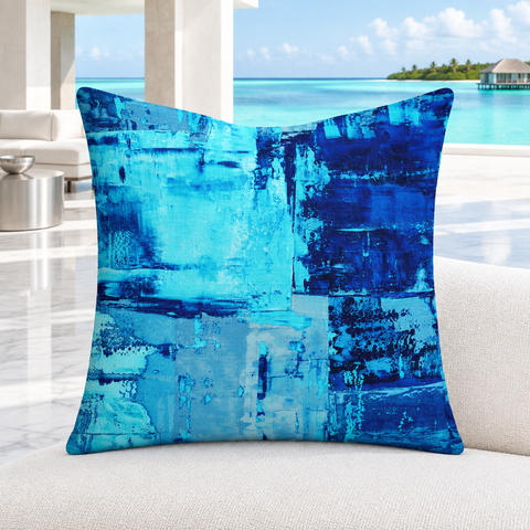 Blue 3 pillow upright in a sunlit white marble Maldives resort