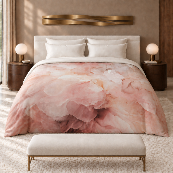 Soft Petals comforter in a taupe-and-ivory modern suite with a horizontal brushed-brass wall sculpture, contemporary ivory headboard, walnut tables, opal-glass lamps, and a closer forward-set bench