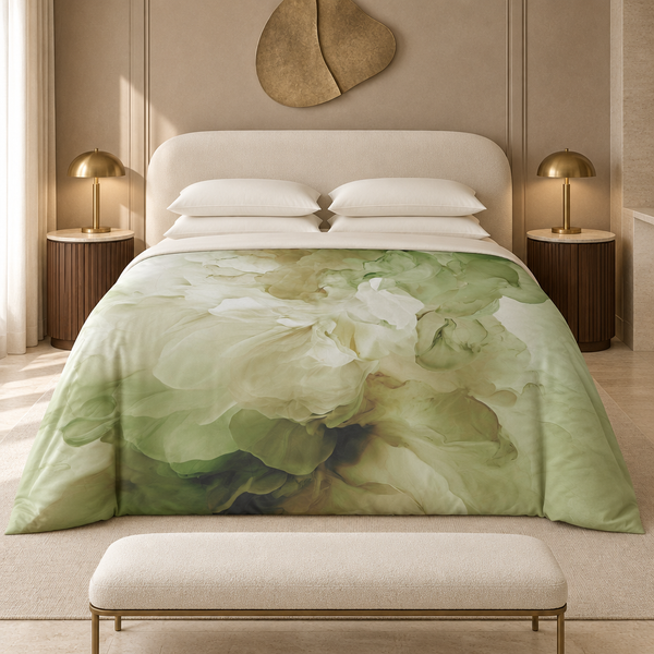 Spring Bloom comforter on a centered bed in a modern mushroom-and-ivory luxury suite with fluted dark-walnut tables, brushed-brass lamps, sculptural wall art, and a low forward-set ivory bench