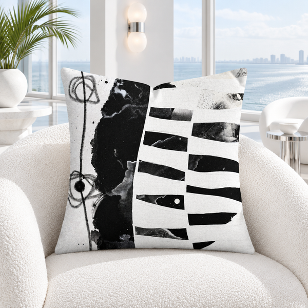 Modern Black White 2-1 pillow in bright white Miami Deco residence