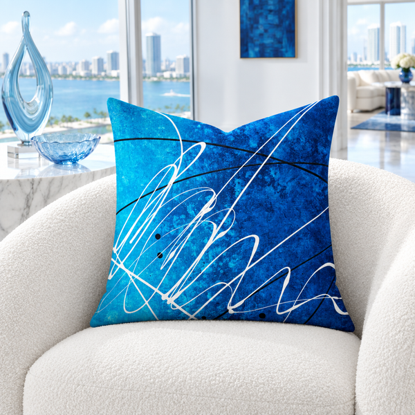 Ocean Breeze 2b art pillow in a cool bright white waterside room with blue glass details