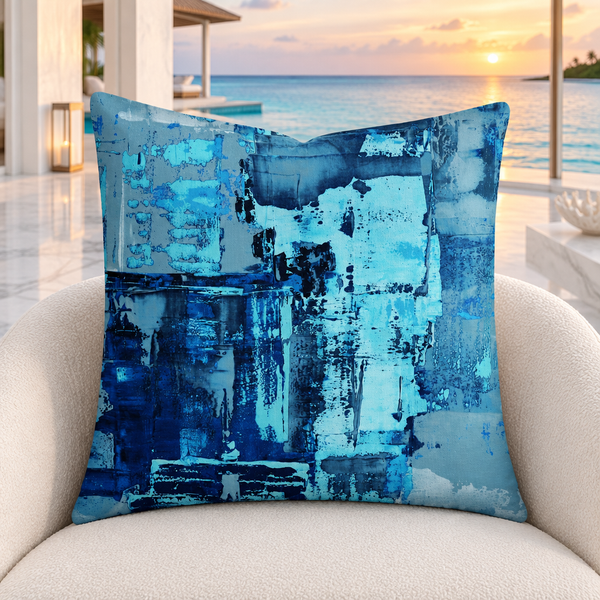 Blue 4 pillow upright in a bright white marble Maldives resort at a subtle sunset
