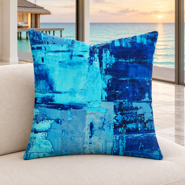 Blue 3 pillow upright in a modern Maldives villa at an understated sunset