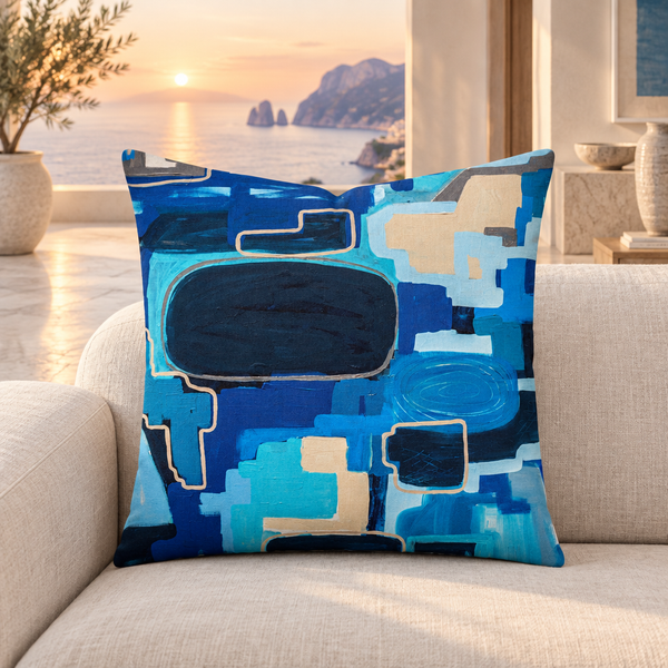 In the City pillow upright in a modern Capri villa at an understated sunset