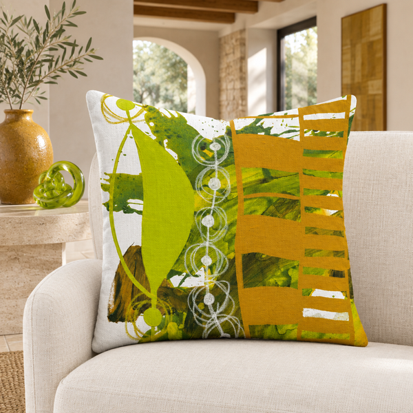 Chartreuse and Yellow Ochre 1 pillow in white villa with ochre and lime accents
