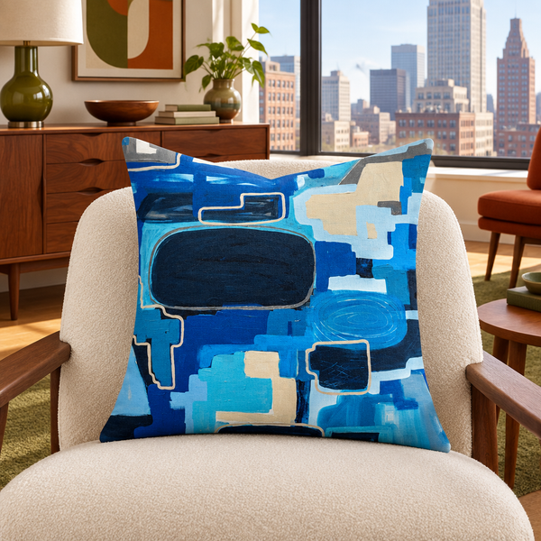 In the City 22-inch pillow in walnut mid-century city room