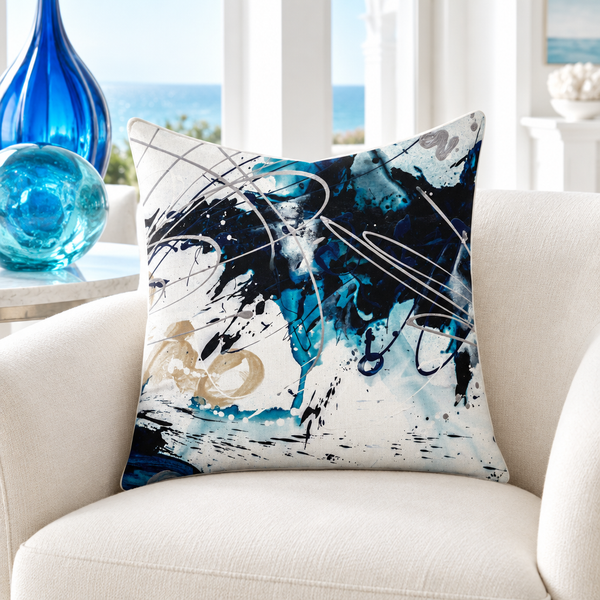 Nautical 2 pillow in white coastal room with blue glass