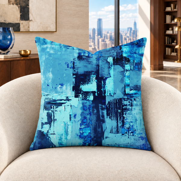 Blue 1 22-inch pillow in ivory and walnut penthouse with blue glass