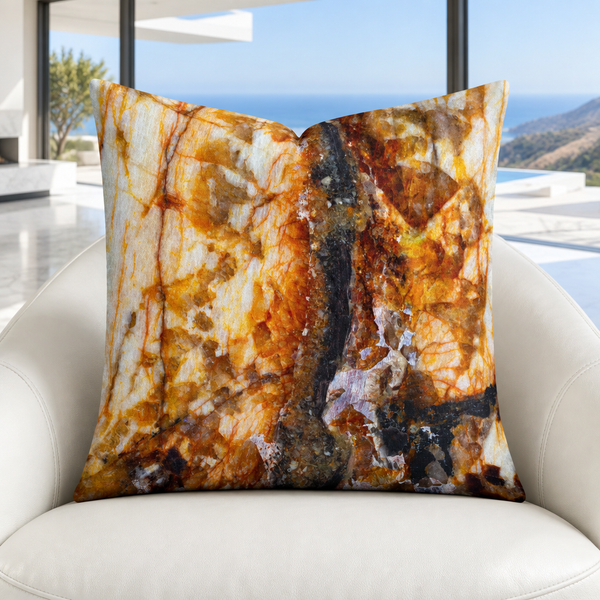 Rust Marble pillow on a white accent chair in a modern Malibu home