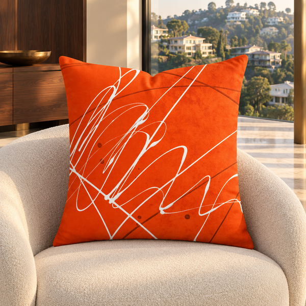 Vermillion 22-inch pillow in a warm modern Hollywood Hills mansion with walnut and varied hillside views