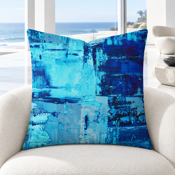 Blue 3 pillow upright in a bright-white modern Malibu beach residence