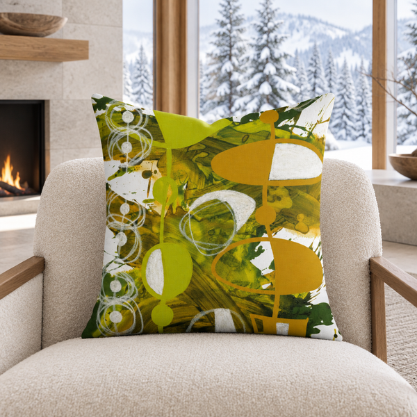 Chartreuse Yellow Ochre 3 pillow in white Aspen winter residence