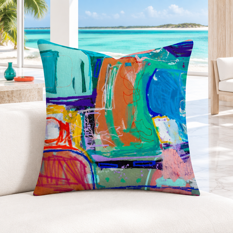 Close-up of the Reminiscence -1 pillow with subtle color accents in a Turks and Caicos resort