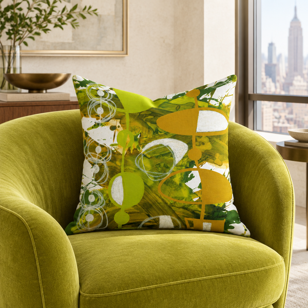 Chartreuse and Yellow Ochre 3 art pillow on a chartreuse velvet chair