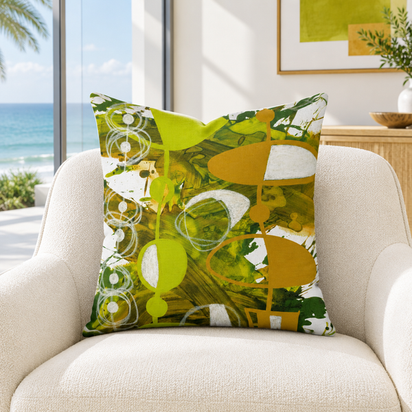 Chartreuse Yellow Ochre 3 pillow in white Miami room with colorful details
