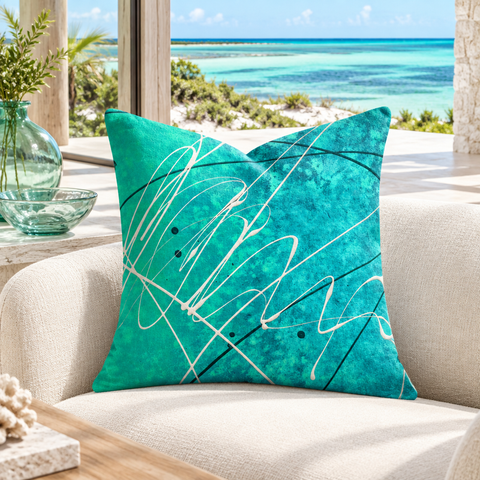 Gulf Waters 22-inch pillow in beach house overlooking natural emerald-turquoise water with glass details