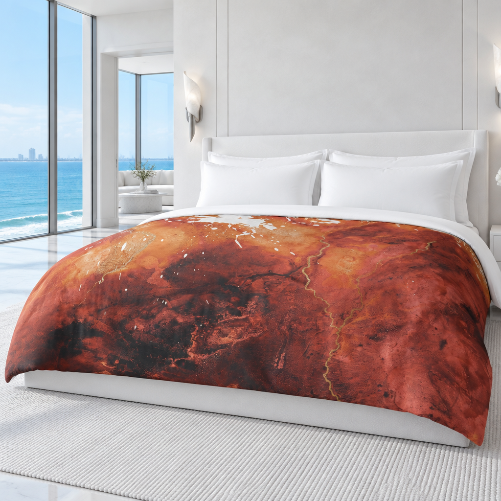 In the Beginning comforter in a bright cool-white luxury suite