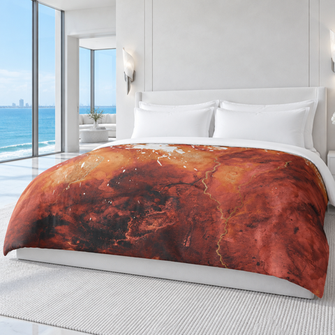 In the Beginning comforter in a bright cool-white luxury suite
