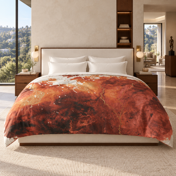 In the Beginning comforter in a warm modern collector’s suite