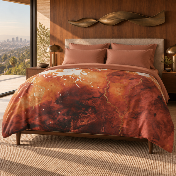In the Beginning comforter with more rust artwork visible