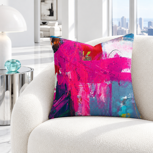 Joyful pillow in a cool white room