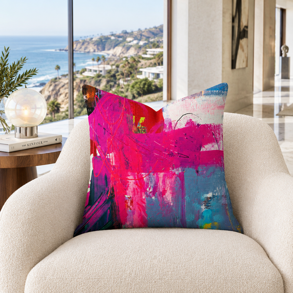 Joyful pillow in a Malibu collector’s lounge