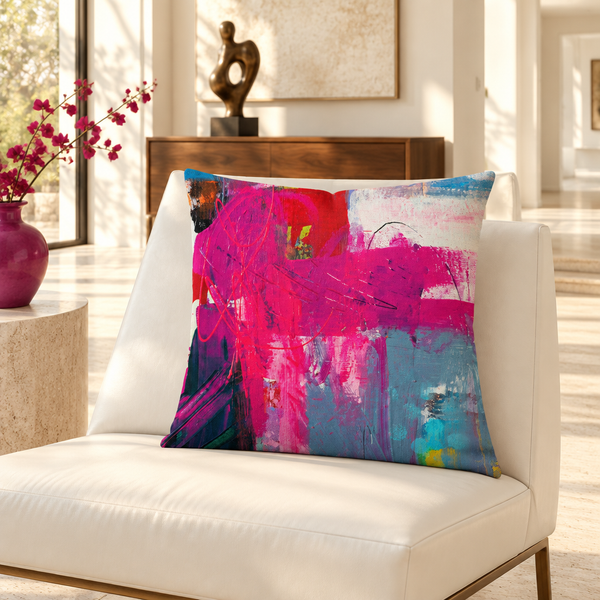Joyful pillow in a warm white gallery room