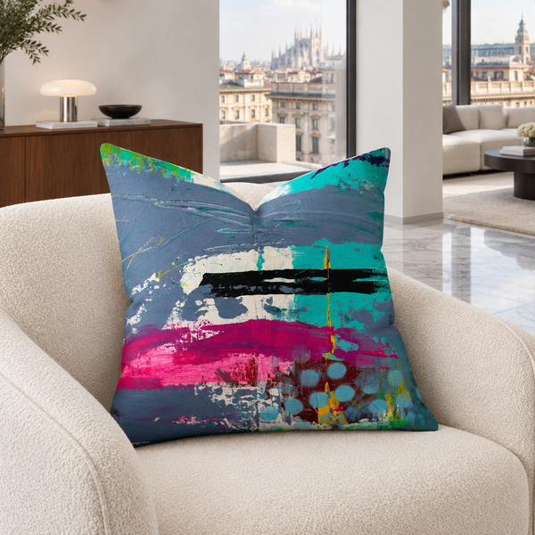 Limitless 22 x 22 pillow slouched on an ivory chair in a Milan penthouse