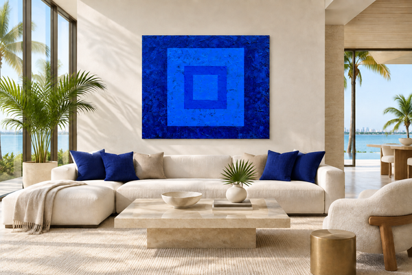 Miami Blue painting centered on the wall with navy blue pillows