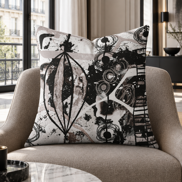Modern Black White and Taupe pillow in a modern Paris hotel salon