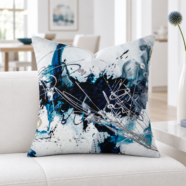 Nautical 2 - A pillow close-up on a bench with one slim modern vase