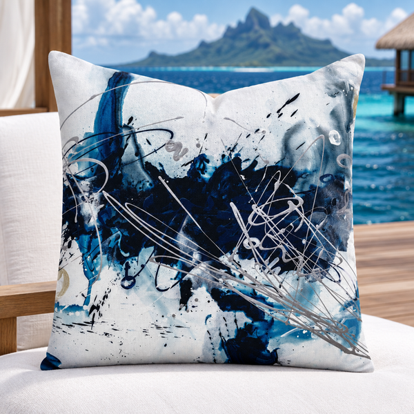 Nautical 2 - A pillow upright on a Bora Bora deck facing deep navy ocean