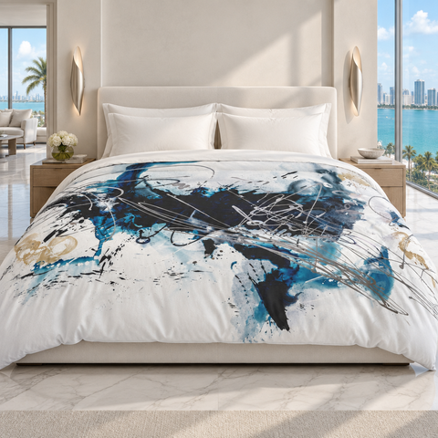 Nautical 2 comforter in an ultra-luxury Miami oceanfront suite