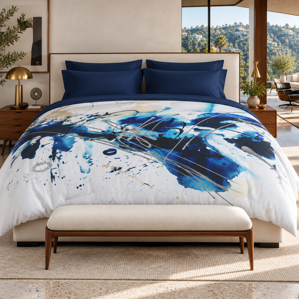 Nautical comforter in a curated Hollywood Hills mansion with a light headboard
