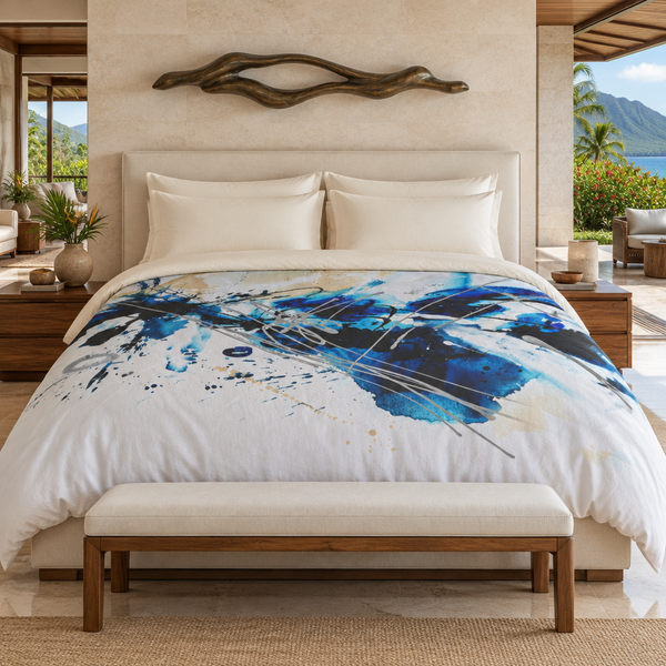 Nautical comforter in a Hawaii suite with bronze sculpture