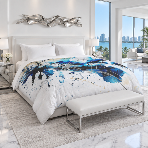 Nautical comforter in an angled Miami mansion suite
